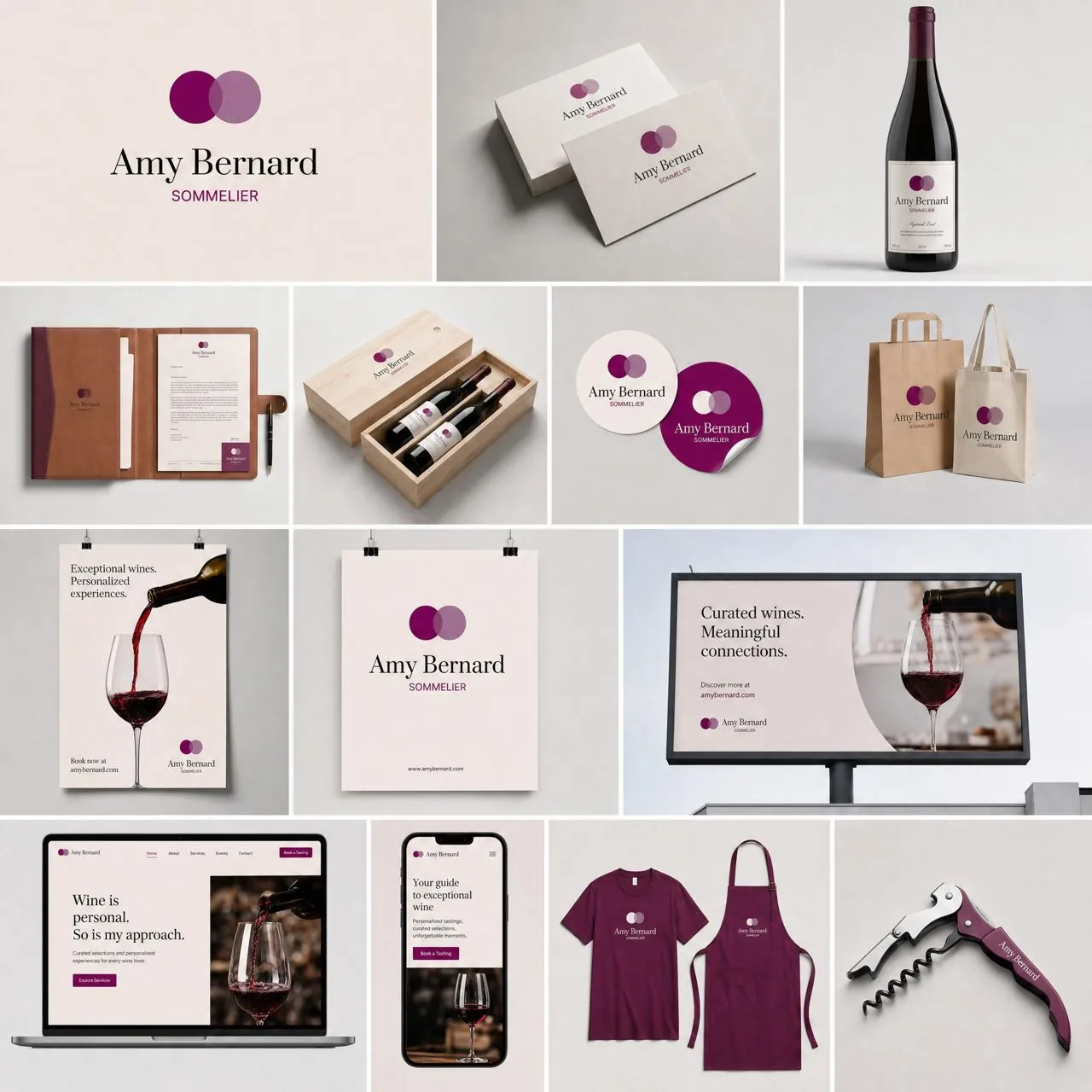 Sistemul complet Amy Bernard: logo, cărți de vizită, sticlă, pungi, postere, billboard, site, uniformă, tirbușon