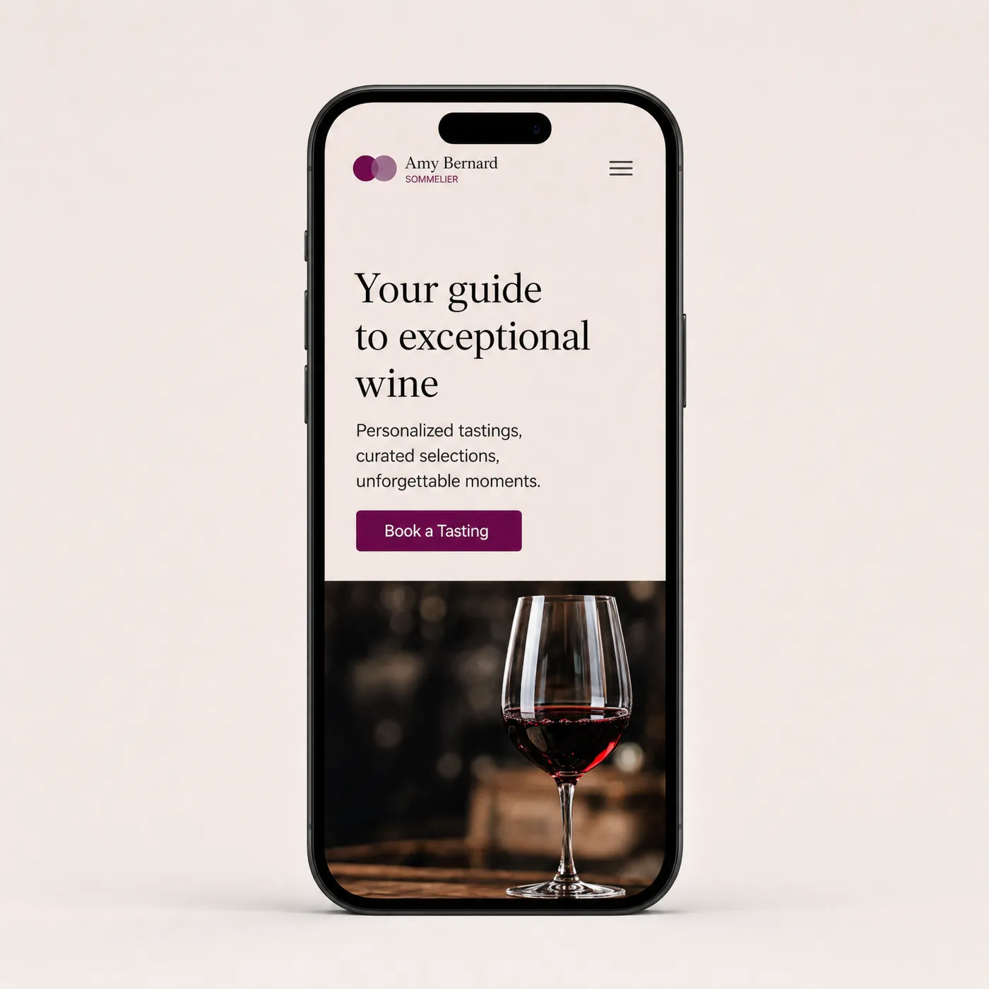 Site mobil Amy Bernard cu butonul Book a Tasting