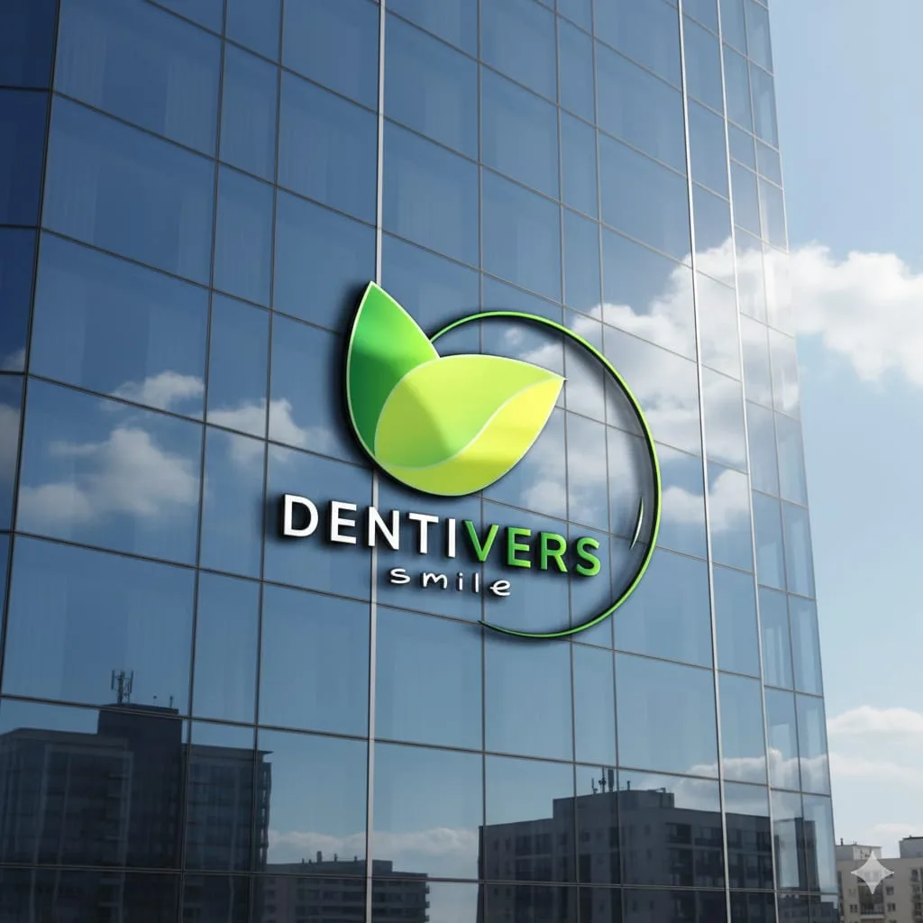Logo DentiVers Smile pe fațada de sticlă a unei clădiri