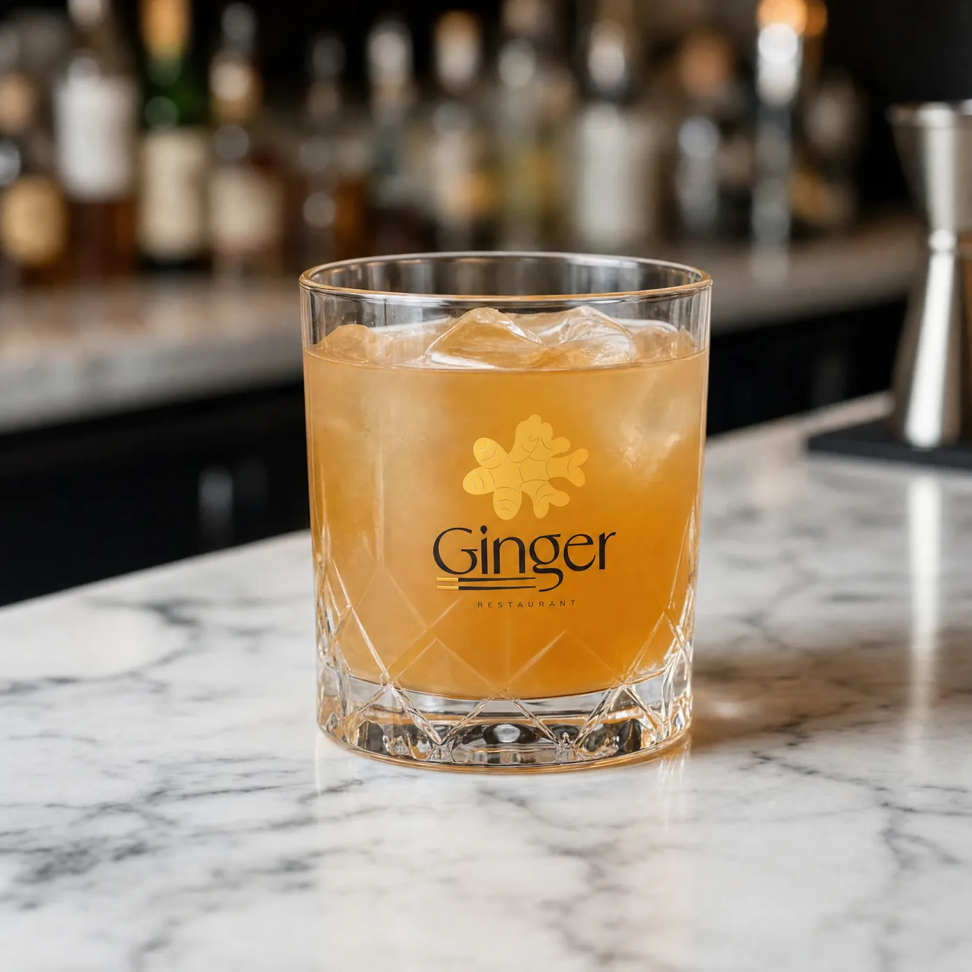 Pahar de cocktail cu logo Ginger pe bar