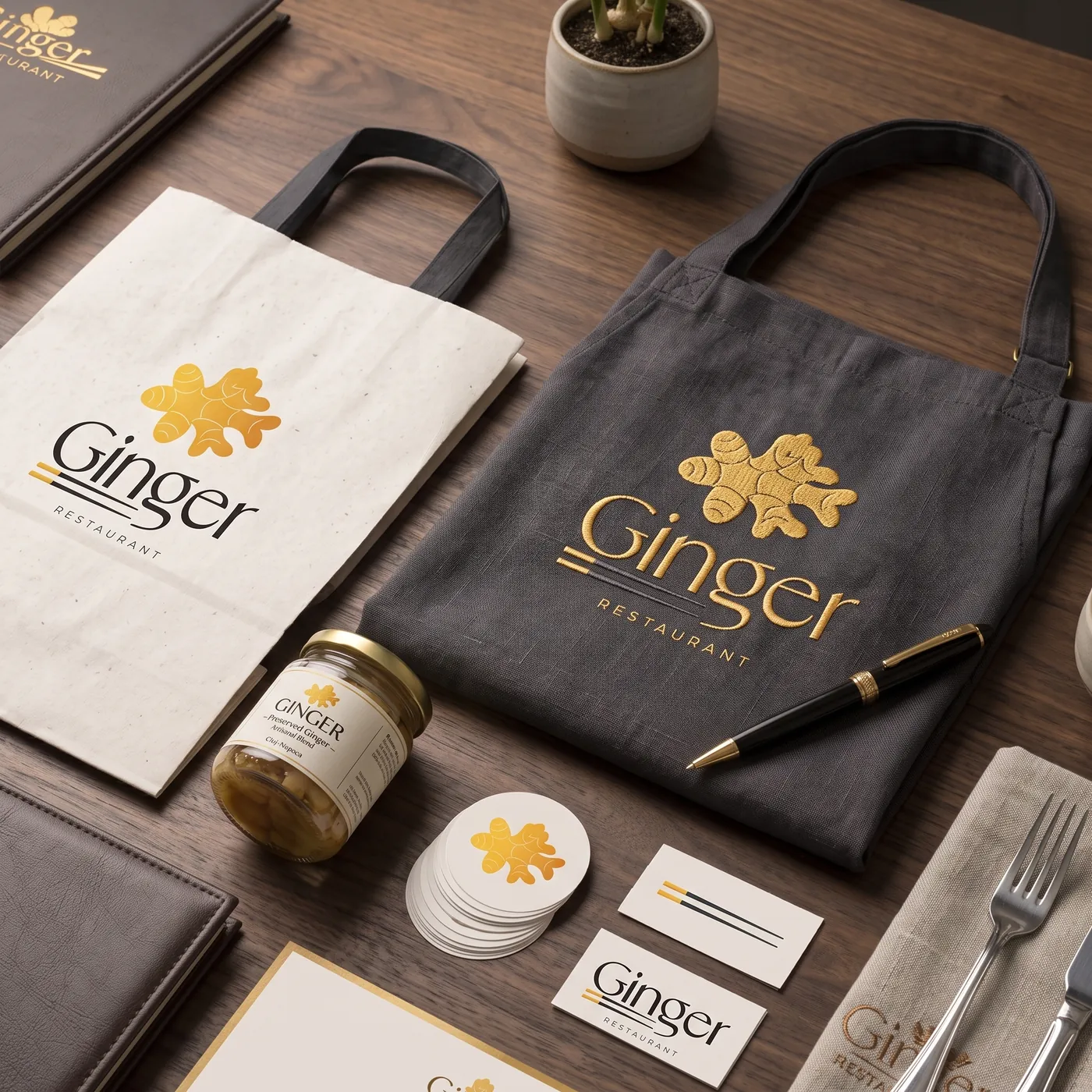Sacoșe, borcan, stickere și cărți de vizită Ginger