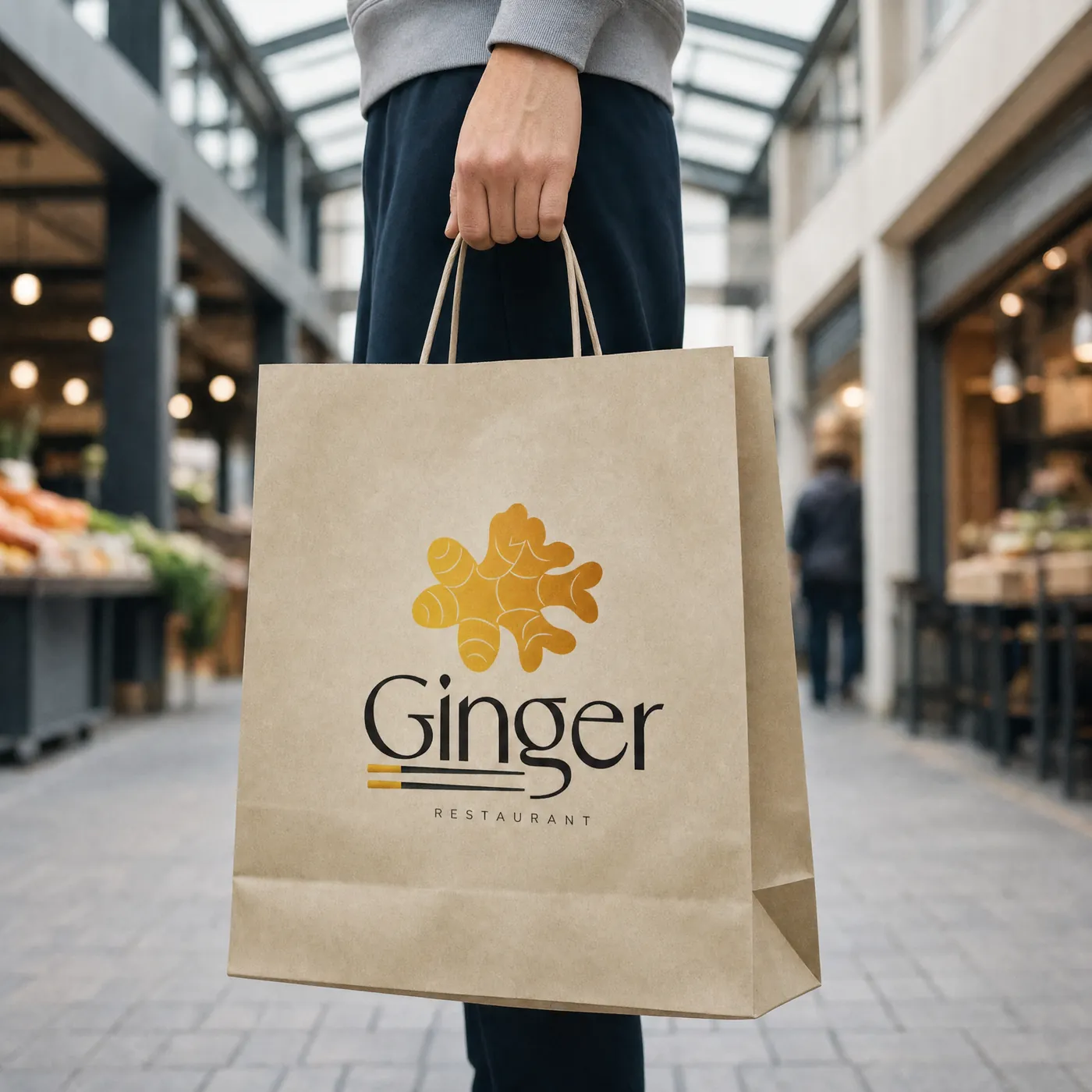 Pungă kraft Ginger ținută în mână