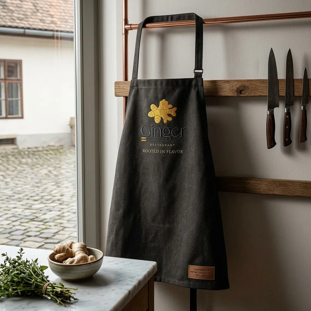 Șorț negru brodat cu logo Ginger și sloganul Rooted in flavor