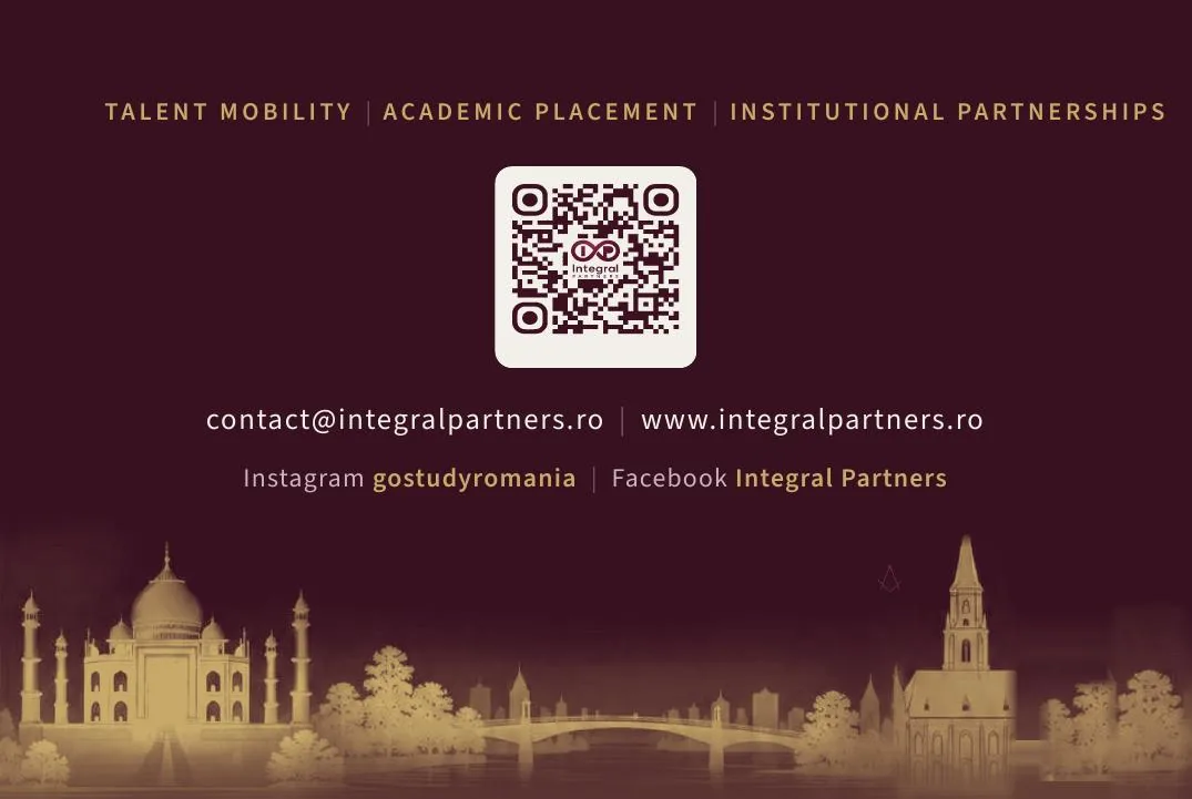 Verso carte de vizită Integral Partners: cod QR și siluetele Taj Mahal și Cluj-Napoca
